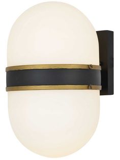 a wall light with a white glass ball on the front and black band around it