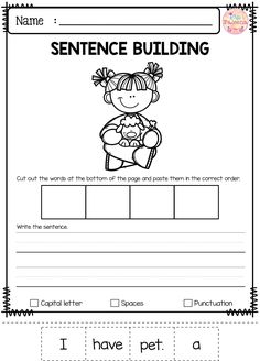 the sentence building worksheet for students to practice spelling and writing their own words