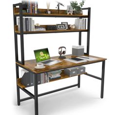 [Multi-functional desk] : This desk can create extra storage space for you, with it, you not only have a computer desk, but also have a small bookshelf. Student Table, Forest Bedroom, Bookshelf Home, Black Home Office, Brown Desk, Dream Desk, Desk With Hutch, Computer Desk With Hutch, Space Saving Design