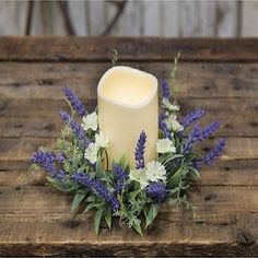 LED Timer Pillar w/Lavender Candle Ring - BJS Country Charm Lavender Wedding Centerpieces, Lavender Centerpieces, Lavender Ring, Led Pillar Candle, Candle Ring, Lavender Candle, Candle Rings, Lavender Buds, Warm Yellow