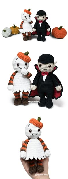 crocheted amigurma dolls in different poses and sizes, all with pumpkins on their heads