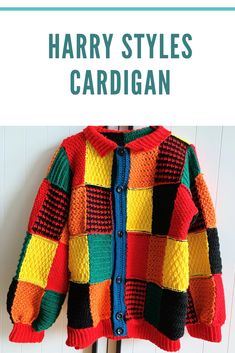 a colorful cardigan hanging on a white wall with text overlay that reads harry styles cardigan