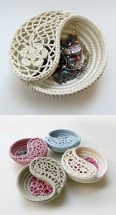 several bowls with crochet designs on them