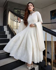 #ad Top Rated Handmade Chikankari Pure Cotton Indian Festive Kurti with Dupatta Set for Women, Fashion Dress White Anarkali Suits, Beige Suit, White Anarkali, Gown With Dupatta, Cotton Anarkali, Classic Wear, Anarkali Dress Pattern, Gaun Fashion, Salwar Kamiz