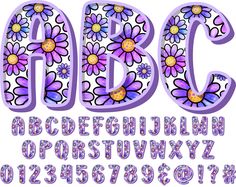 the letters and numbers are decorated with flowers on purple background, as well as an upper case