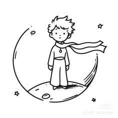 a black and white drawing of a boy standing on the moon with his arms outstretched