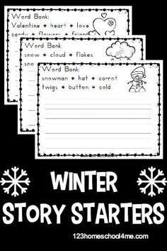 four winter story starter sheets with snowflakes and hearts on the front, two are black and one is white