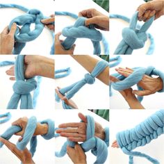 instructions to make a knotted rope bracelet with blue yarn and cotton cord for the wrist