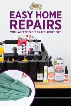 an assortment of home repair supplies sitting on top of a table with the words easy home repairs