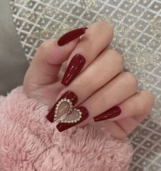 Dark Red With Hearts Rhinestones Design Press on Nails Fake Nails Glue Red Acrylic Nails, Red Nail Designs, Really Cute Nails, Red Nail, Heart Nails, Pretty Acrylic Nails, Nail Arts, Valentine's Day Nails