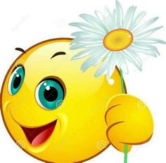 a yellow smiley face holding a daisy in its hand and pointing to the side with both hands