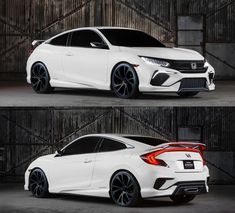 the honda civic hatchback is shown in two different angles, and it's white with