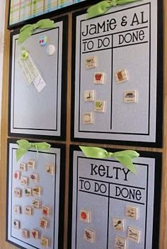 a bulletin board with pictures on it and some words written on the wall above them