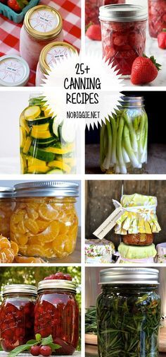 jars filled with fruit and vegetables sitting on top of a table