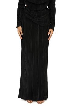 Petite pleats add visual allure to this party-ready set that includes a cropped top and a slinky, floor-sweeping skirt. Top has hidden side zip closure; cowl neck, long sleeves Skirt has hidden side zip closure Lined 100% polyester Hand wash, dry flat Imported Formal Fitted Maxi Length Bottoms, Pleated Long Dress For Party, Pleated Satin Bottoms For Party, Pleated Long Party Dress, Fitted Pleated Bottoms For Party, Long Pleated Party Dress, Glamorous Fitted Evening Maxi Skirt, Fitted Pleated Maxi Skirt For Party, Elegant Stretch Maxi Skirt For Evening