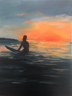 a painting of a woman sitting on a surfboard in the ocean at sunset or sunrise