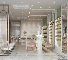 the interior of a nail salon with marble counter tops and white chairs, lighted by recessed lights