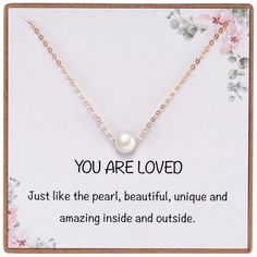 PRICES MAY VARY. *Pretty, Dainty and Simple Pearl Necklace with Sentiment Little Poem for Casual Daily Wear* Simple single pearl necklace with a message card that says "You are loved, just like the pearl, beautiful, unique and amazing inside and outside". Complimenting women and girls with a beautiful or sweet quotes for her is a fantastic way of expressing your love, affection and appreciation. *Classic Pearl Necklace Adjustable Length* 8mm white pearls bead symbolizes purity, elegance and uniq Sweet Quotes For Her, Affirmation Gifts, Christmas Bridesmaids, Floating Pearl Necklace, Simple Pearl Necklace, Cute Message, Classic Pearl Necklace, Prom Necklaces, Single Pearl Necklace