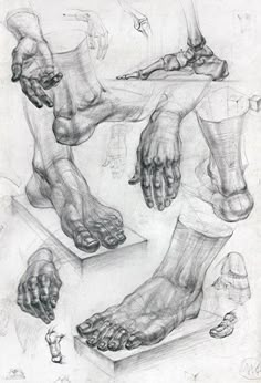 a drawing of feet and hands on a piece of paper with other drawings behind it