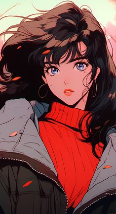 an anime character with long black hair wearing a red sweater and jacket, looking at the camera