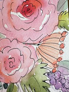 watercolor painting of pink flowers and butterflies