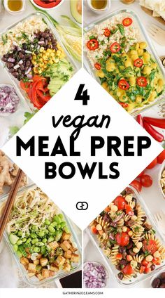 four different meal prep bowls with text overlay that says 4 vegan meal prep bowls