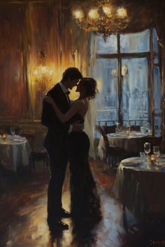 a painting of a man and woman dancing in front of a window at a restaurant