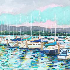 a painting of many boats in the water