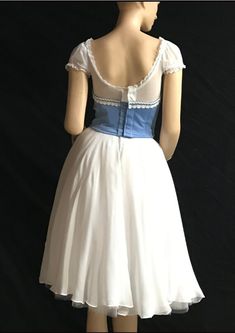 "Ballet Dress - Professional Ballet dress. This ballet dress can be used for ballet \"Giselle\". The bodice is made of velvet with semi-stretch fabric lining. decorated with ribbons & white trim. The skirt is made of two layers white chiffon. The bodice has two rows of hooks for comfortable adjustment. This is a custom made order. It will take 2-3 weeks to complete. We will need your body measurements in order to get started. Please see photos for how to correctly measure each part of the da White Party Dress With Underbust Shape, White Fitted Underbust Dress, White Fitted Balletcore Dress, White Fitted Corset Dress For Costume Party, White Underbust Dress With Boned Bodice, Fitted Balletcore Dress For Costume Party, Fitted Balletcore Evening Dress, Balletcore Fitted Evening Dress, White Underbust Corset Dress For Costume Party