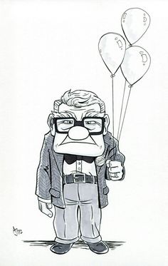 a black and white drawing of a cartoon character holding balloons in one hand while wearing glasses