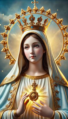 the immaculate virgin mary holding a gold cross in her hands and wearing a tiara