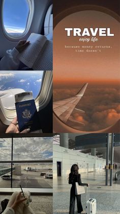 a collage of photos showing the inside of an airplane