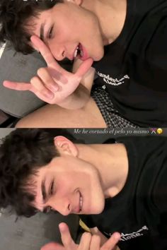 two pictures of a young man making funny faces