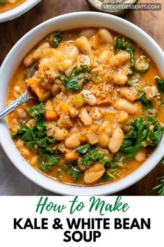 Warm up with this easy Kale and White Bean Soup—packed with fiber, rich flavors, and ready in 30 minutes. Perfect for cozy lunches or dinners! Lentil And Kale Soup, Kale White Bean Soup, Kale And White Bean Soup, Kale And Bean Soup, Kale White Bean, Kale And White Bean, White Bean Kale Soup, Vegetarian Recipes Lunch, Vegetarian Soup Recipes