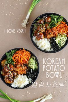 two black bowls filled with different types of food