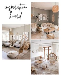 a collage of photos with the words inspiration board in black, white and beige