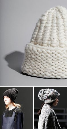 three pictures of different hats and clothing on the same page, one is knitted with yarn