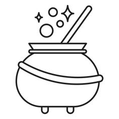 a black and white line drawing of a pot with stars coming out of the top