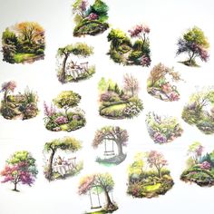 a bunch of trees that are in the shape of small pictures on a white surface