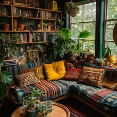 a living room filled with lots of plants and furniture