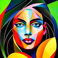 an abstract painting of a woman's face with bright colors and shapes in the background