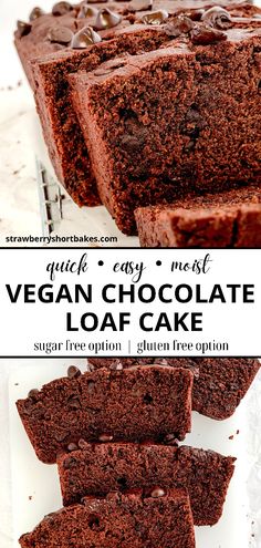 vegan chocolate loaf cake on a white plate with text overlay that reads, gluten free