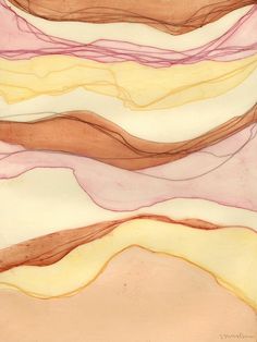 an abstract painting with different colors and lines on it's surface, including pink, yellow, brown, and white