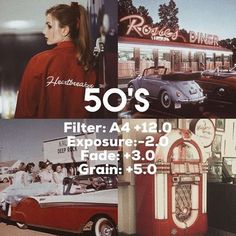 an advertisement for the 50's film, featuring old cars and women in red coats