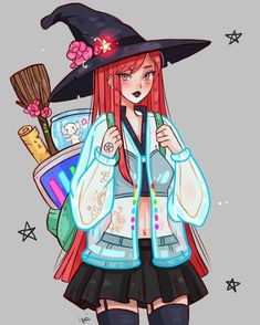 a drawing of a girl with red hair wearing a witch hat and holding a broom