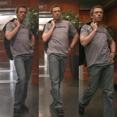 three pictures of a man in grey shirt and jeans walking with his hand on his chin