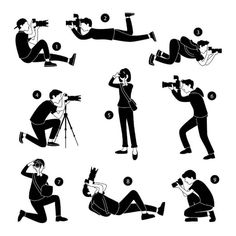 a man taking pictures with his camera while sitting on the ground and kneeling down in different positions