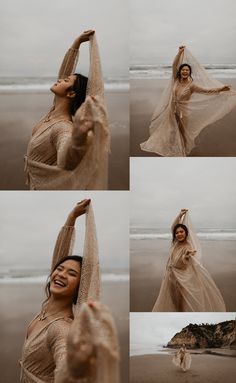 the woman is posing on the beach with her veil over her head and smiling at the camera