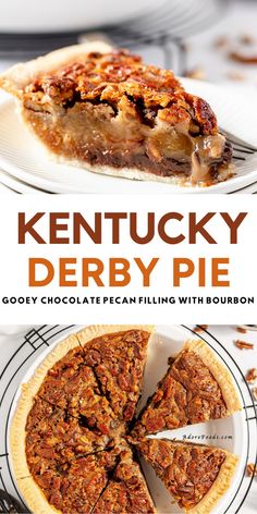 a close up of a pie on a plate with the words kentucky derby pie above it