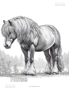 a black and white drawing of a horse with long manes standing in the grass